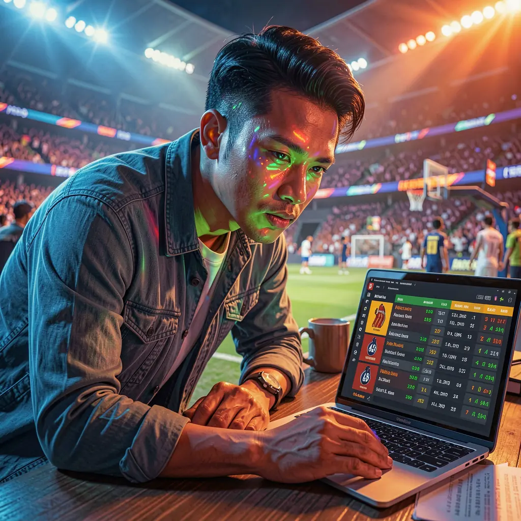 JILIWIN1M – Place live sports bets with real time odds in the Philippines Focused Filipino bettor using a laptop in a stadium atmosphere with live basketball odds on screen while betting with JILIWIN1M