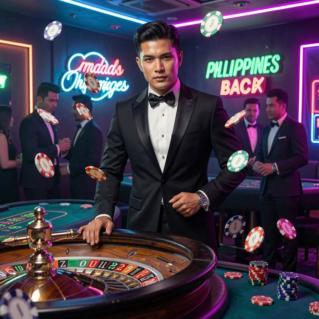 Elegant casino dealer in a tuxedo standing by a roulette table with dynamic lighting and casino chips highlighting the premium gaming style of JILIWIN1M in the Philippines