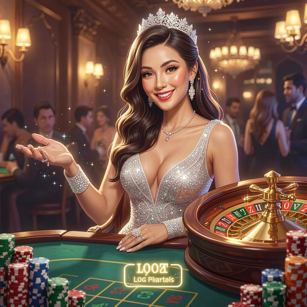 JILIWIN1M Login – Enter the world of live casino excitement in the Philippines Confident live casino dealer extending her hand in front of a glowing roulette wheel and stacked chips inviting players to log in to JILIWIN1M in the Philippines